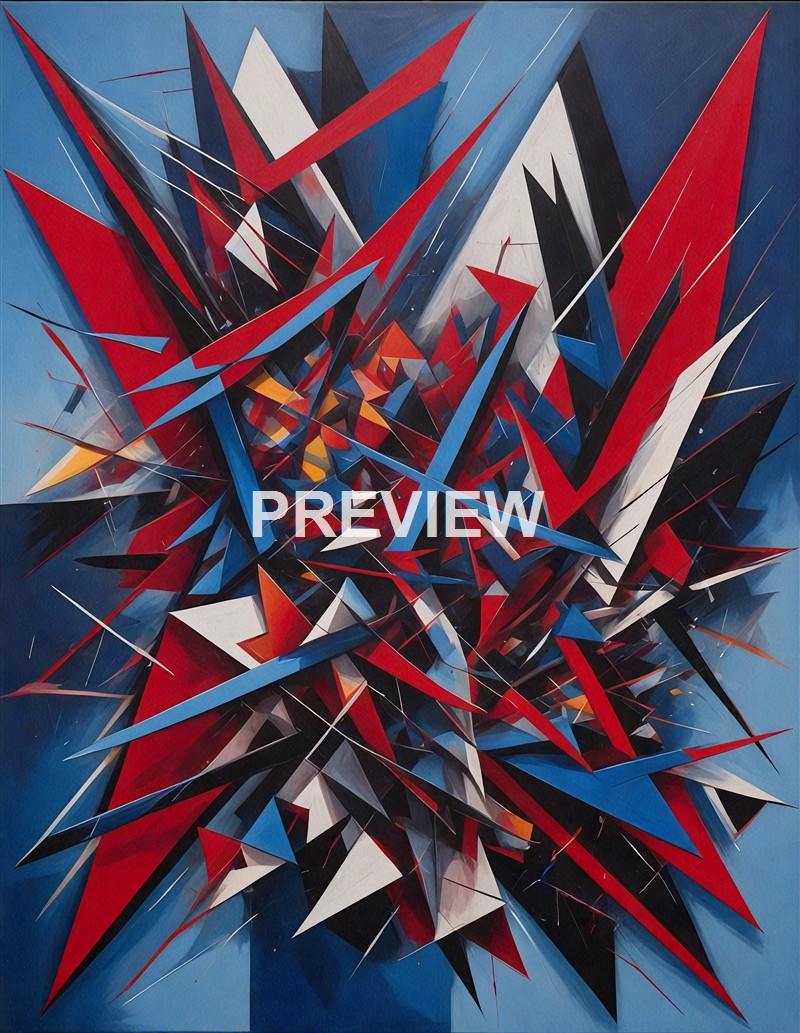 An abstract painting featuring an explosion of sharp, angular shapes in red, black, white, blue, and orange, creating a dynamic and chaotic composition against a blue background.